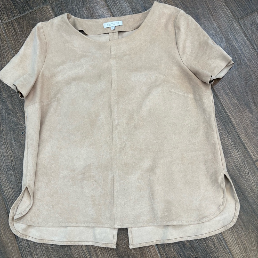 1.State light tan, faux suede top, size large